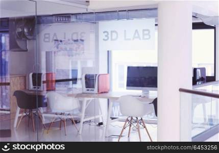 3D lab, new technology laboratory classroom. Startup business modern office interior
