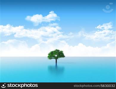 3D landscape with a tree in the sea