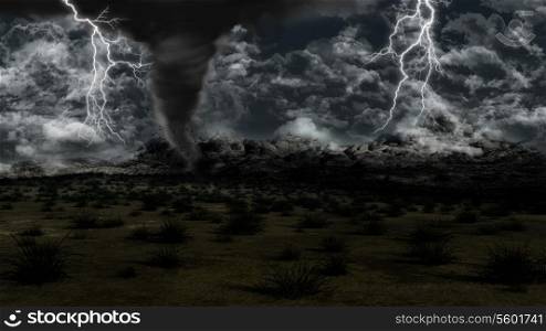3D landscape with stormy sky, lightning and twister
