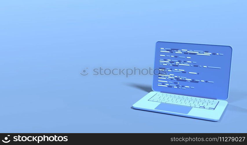 3d laptop and program code development. Web coding concept. Coding screen 3d rendering. 3d rendering of laptop. 3d render illustration