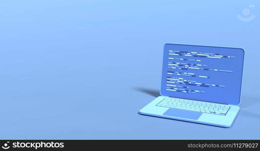 3d laptop and program code development. Web coding concept. Coding screen 3d rendering. 3d rendering of laptop. 3d render illustration