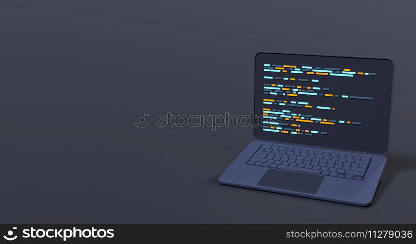 3d laptop and program code development. Web coding concept. Coding screen 3d rendering. 3d rendering of laptop. 3d render illustration