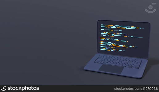 3d laptop and program code development. Web coding concept. Coding screen 3d rendering. 3d rendering of laptop. 3d render illustration