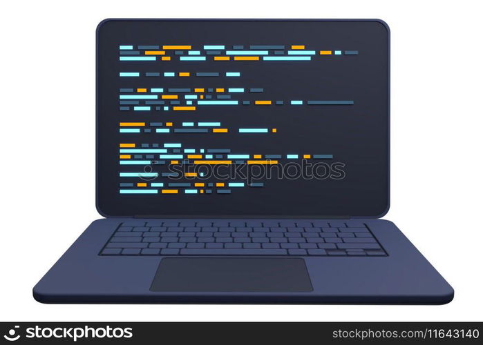 3d laptop and program code development. Web coding concept. Coding screen 3d rendering. 3d rendering of laptop. 3d render illustration 