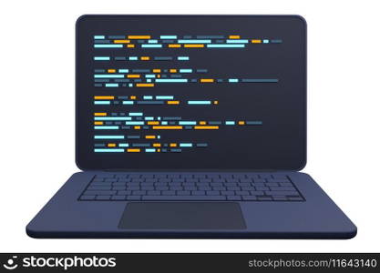 3d laptop and program code development. Web coding concept. Coding screen 3d rendering. 3d rendering of laptop. 3d render illustration 