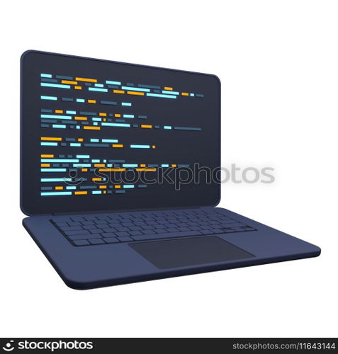 3d laptop and program code development. Web coding concept. Coding screen 3d rendering. 3d rendering of laptop. 3d render illustration 