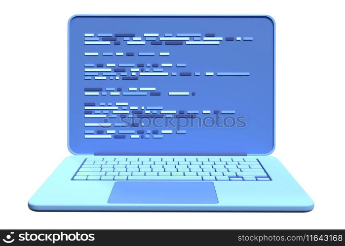 3d laptop and program code development. Web coding concept. Coding screen 3d rendering. 3d rendering of laptop. 3d render illustration 