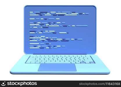 3d laptop and program code development. Web coding concept. Coding screen 3d rendering. 3d rendering of laptop. 3d render illustration 