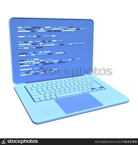 3d laptop and program code development. Web coding concept. Coding screen 3d rendering. 3d rendering of laptop. 3d render illustration 