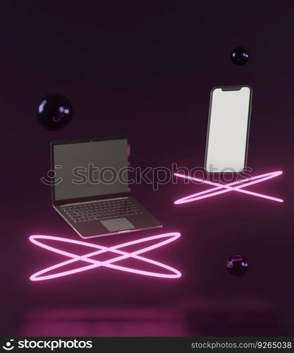 3d laptop and smartphone with white balls on black background