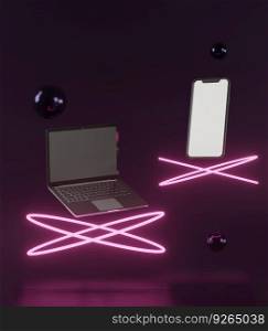 3d laptop and smartphone with white balls on black background