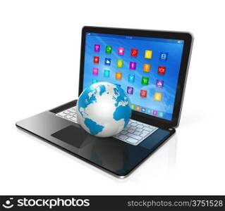 3D Laptop Computer and World Globe - apps icons interface - isolated on white. Laptop Computer and World Globe