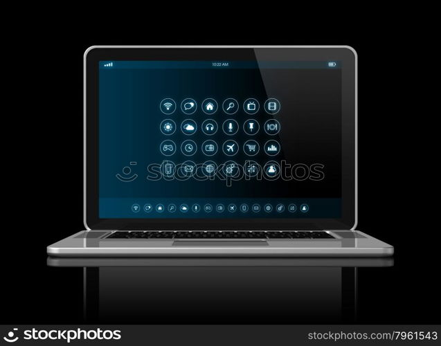 3D Laptop Computer - apps icons interface - isolated on black with clipping path . Laptop Computer - apps icons interface