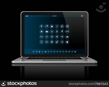 3D Laptop Computer - apps icons interface - isolated on black with clipping path . Laptop Computer - apps icons interface