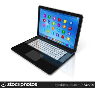 3D Laptop Computer - apps icons interface - isolated on white with clipping path. Laptop Computer - apps icons interface