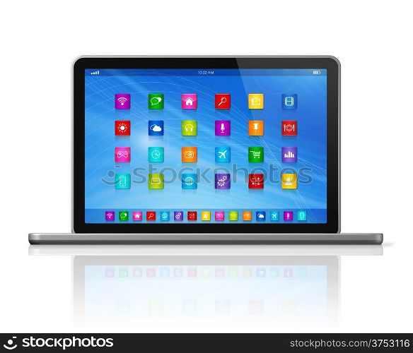 3D Laptop Computer - apps icons interface - isolated on white with clipping path. Laptop Computer - apps icons interface