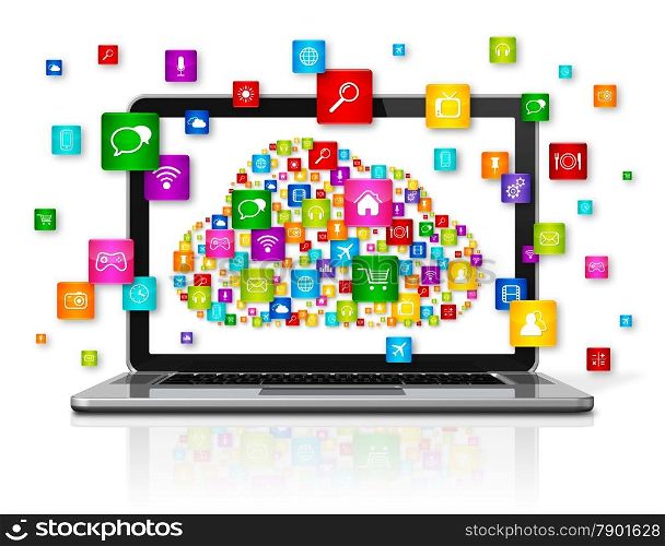 3D Laptop Computer isolated on white. Cloud Computing concept. Cloud Computing Laptop