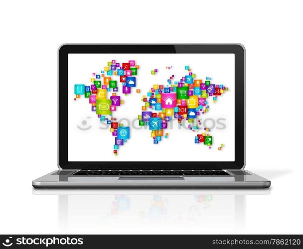 3D Laptop Computer isolated on white with clipping path. World Cloud Computing concept. Cloud Computing Laptop