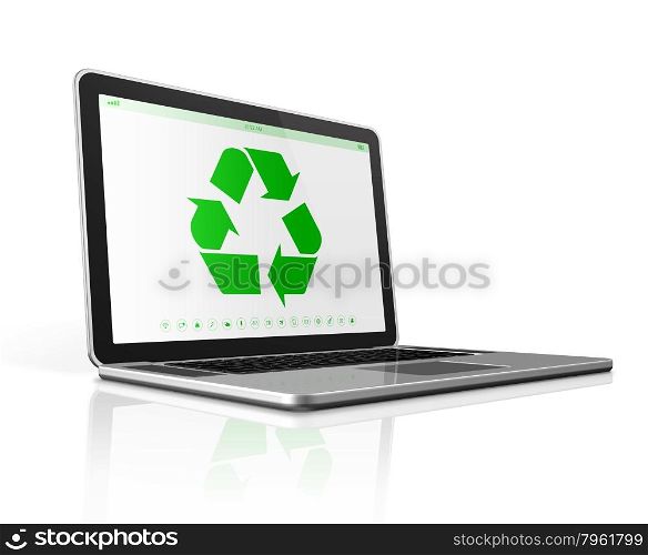 3D Laptop computer with a recycling symbol on screen. environmental conservation concept. Laptop computer with a recycling symbol on screen. environmental conservation concept