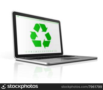 3D Laptop computer with a recycling symbol on screen. environmental conservation concept. Laptop computer with a recycling symbol on screen. environmental conservation concept