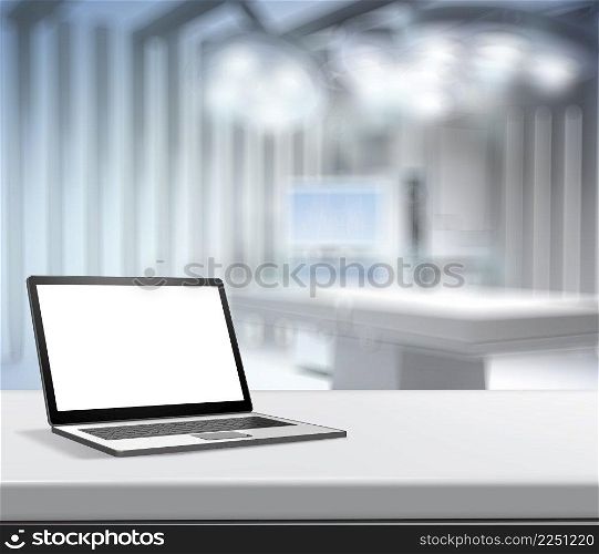 3d Laptop computer with blank screen on blurred background for medical product presentation