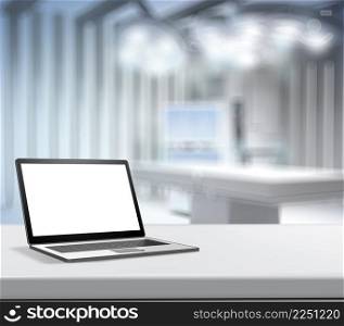 3d Laptop computer with blank screen on blurred background for medical product presentation
