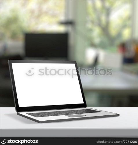 3d Laptop computer with blank screen on laminate table and blurred background