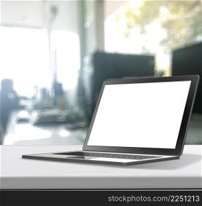 3d Laptop computer with blank screen on laminate table and blurred background