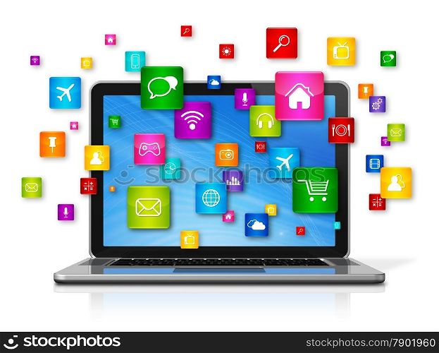 3D Laptop Computer with flying apps icons - isolated on white. Laptop Computer and flying apps icons