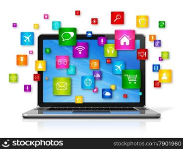 3D Laptop Computer with flying apps icons - isolated on white. Laptop Computer and flying apps icons