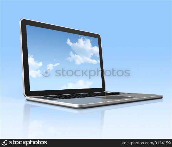 3D laptop computer with sky in screen isolated on blue with 2 clipping path : one for global scene and one for the screen. Laptop computer with sky screen isolated on blue