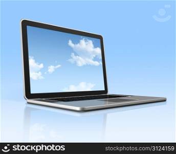 3D laptop computer with sky in screen isolated on blue with 2 clipping path : one for global scene and one for the screen. Laptop computer with sky screen isolated on blue