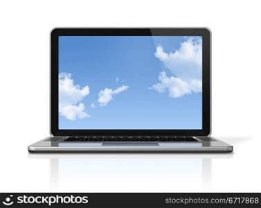 3D laptop computer with sky in screen isolated on white with 2 clipping path : one for global scene and one for the screen. Laptop computer with sky screen isolated on white