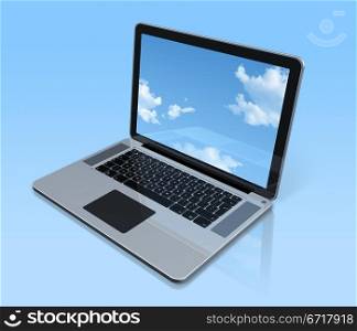 3D laptop computer with sky screen. isolated on blue with clipping path. Laptop computer isolated on blue with sky screen