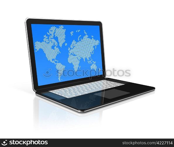 3D laptop computer with worldmap on screen. isolated on white with 2 clipping path (screen and global scene). black Laptop computer isolated on white with worldmap on screen
