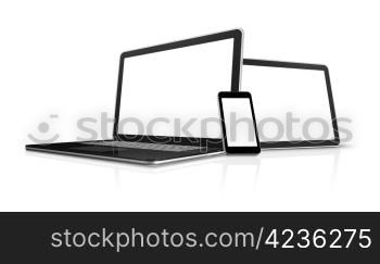 3D laptop, mobile phone and digital tablet pc computer - isolated on white with clipping path. laptop, mobile phone and digital tablet pc computer