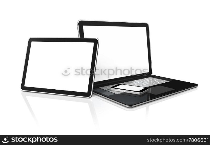 3D laptop, mobile phone and digital tablet pc computer - isolated on white with clipping path. laptop, mobile phone and digital tablet pc computer