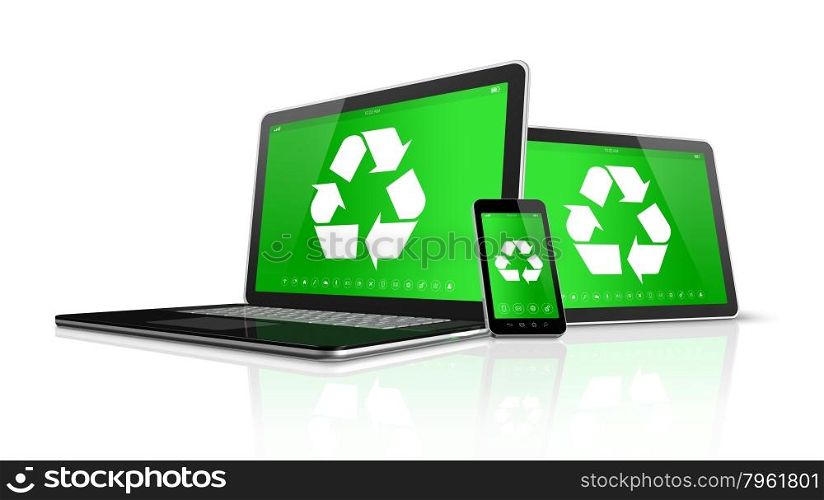 3D Laptop tablet PC and smartphone with a recycling symbol on screen. environmental conservation concept. Laptop tablet PC and smartphone with a recycling symbol on screen. environmental conservation concept