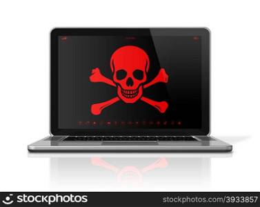 3D Laptop with a pirate symbol on screen. Hacker concept. Laptop with a pirate symbol on screen. Hacker concept