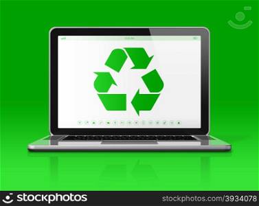 3D Laptop with a recycle symbol on screen. environmental conservation concept. Laptop with a recycle symbol on screen. environmental conservation concept