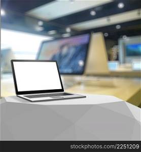3d Laptop with blank screen on laminate table and blurred background