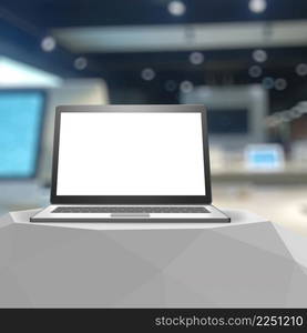 3d Laptop with blank screen on laminate table and blurred background