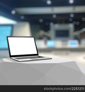 3d Laptop with blank screen on laminate table and blurred background