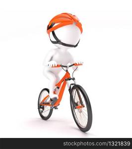 3d little man in helmet cycling over white. Man cycling