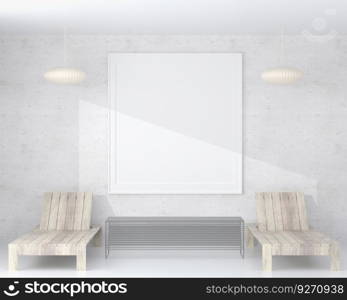 3D living room and bench with blank photo frame