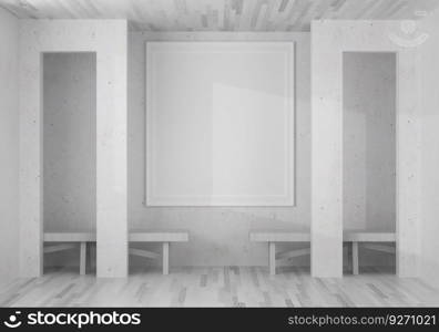 3D living room and bench with blank photo frame