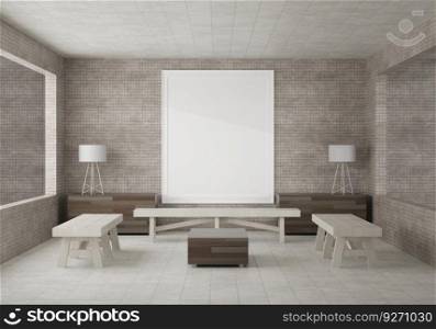 3D living room and bench with blank photo frame