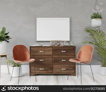 3D living room and chair with blank photo frame