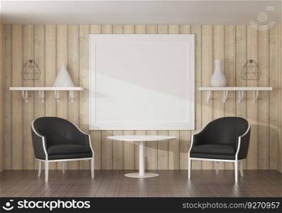 3D living room and chair with blank photo frame