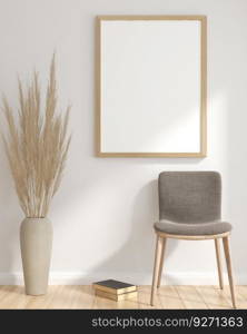 3D living room and chair with blank photo frame